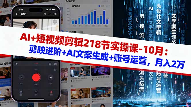 AI+短视频剪辑218节实操课-10月:剪映进阶+AI文案生成+账号运营,月入2万-摇钱述