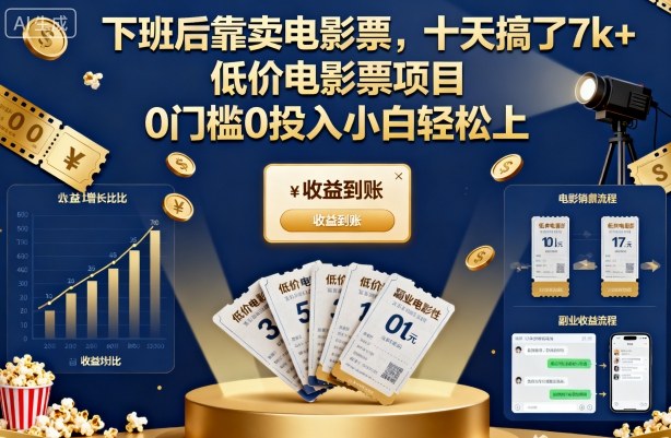 下班后靠卖电影票,十天搞了7k+,低价电影票项目,0门槛0投入小白轻松上手【揭秘】-摇钱述