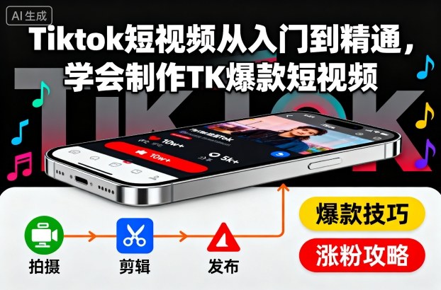 Tiktok短视频从入门到精通,学会制作TK爆款短视频-摇钱述